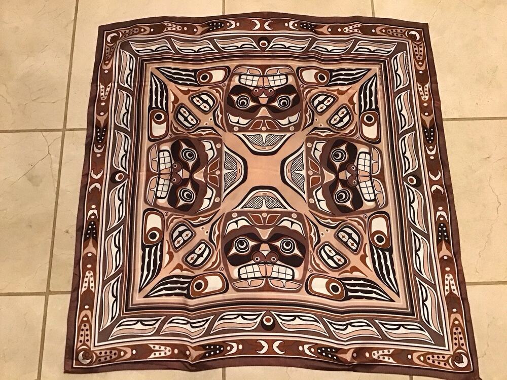 Eleanor Paine Skemo Vtg Scarf Brown Eskimo Totem Inuit 27” Square Neck Head Wrap